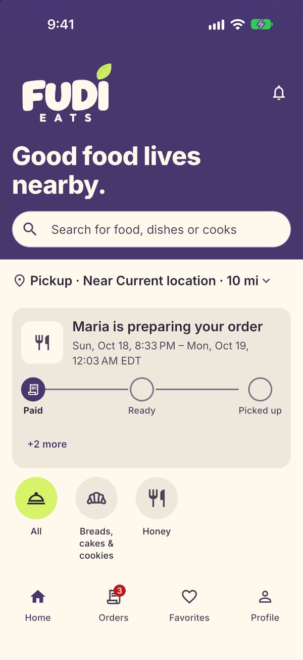 The Fudi Eats app home screen: search, pickup near you, and an order Maria is preparing.